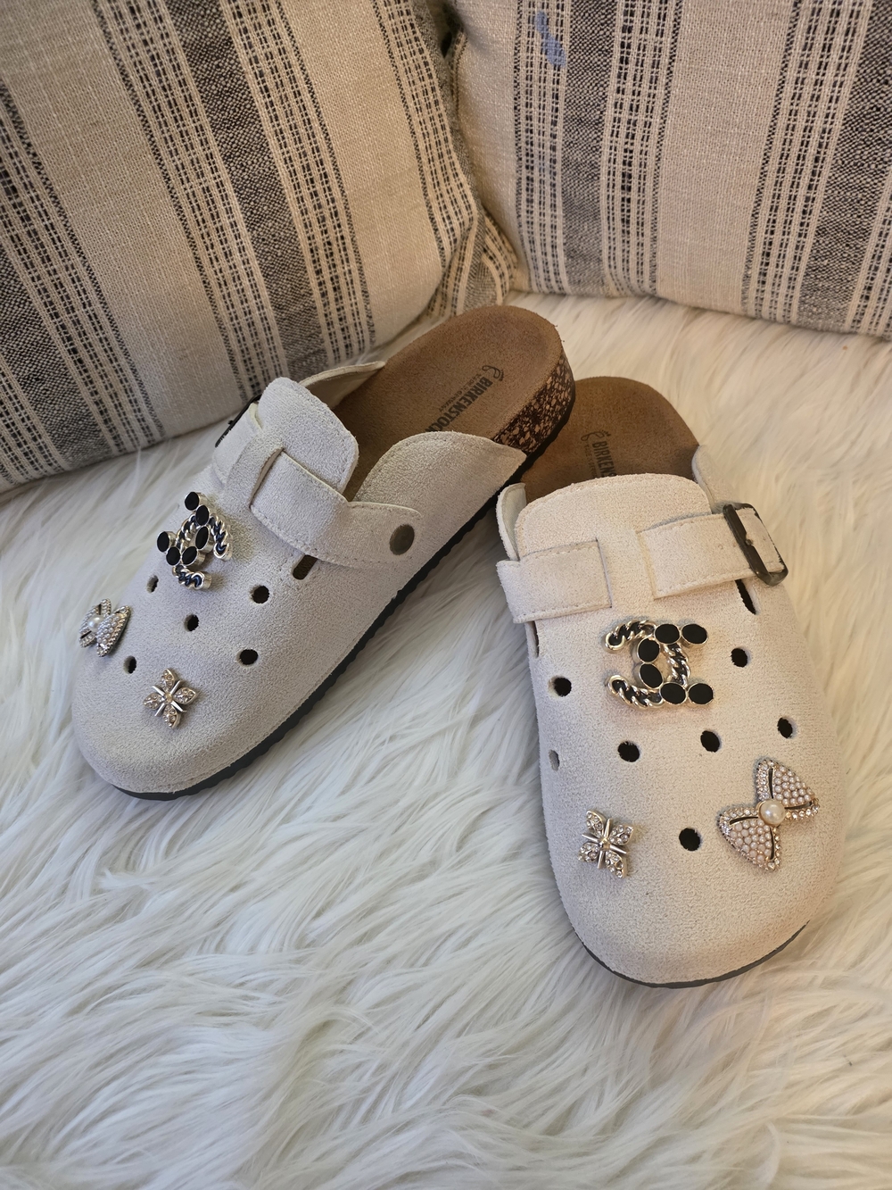 Beige Suede Slip-On Clogs with Decorative Charms - Size 39 or 8